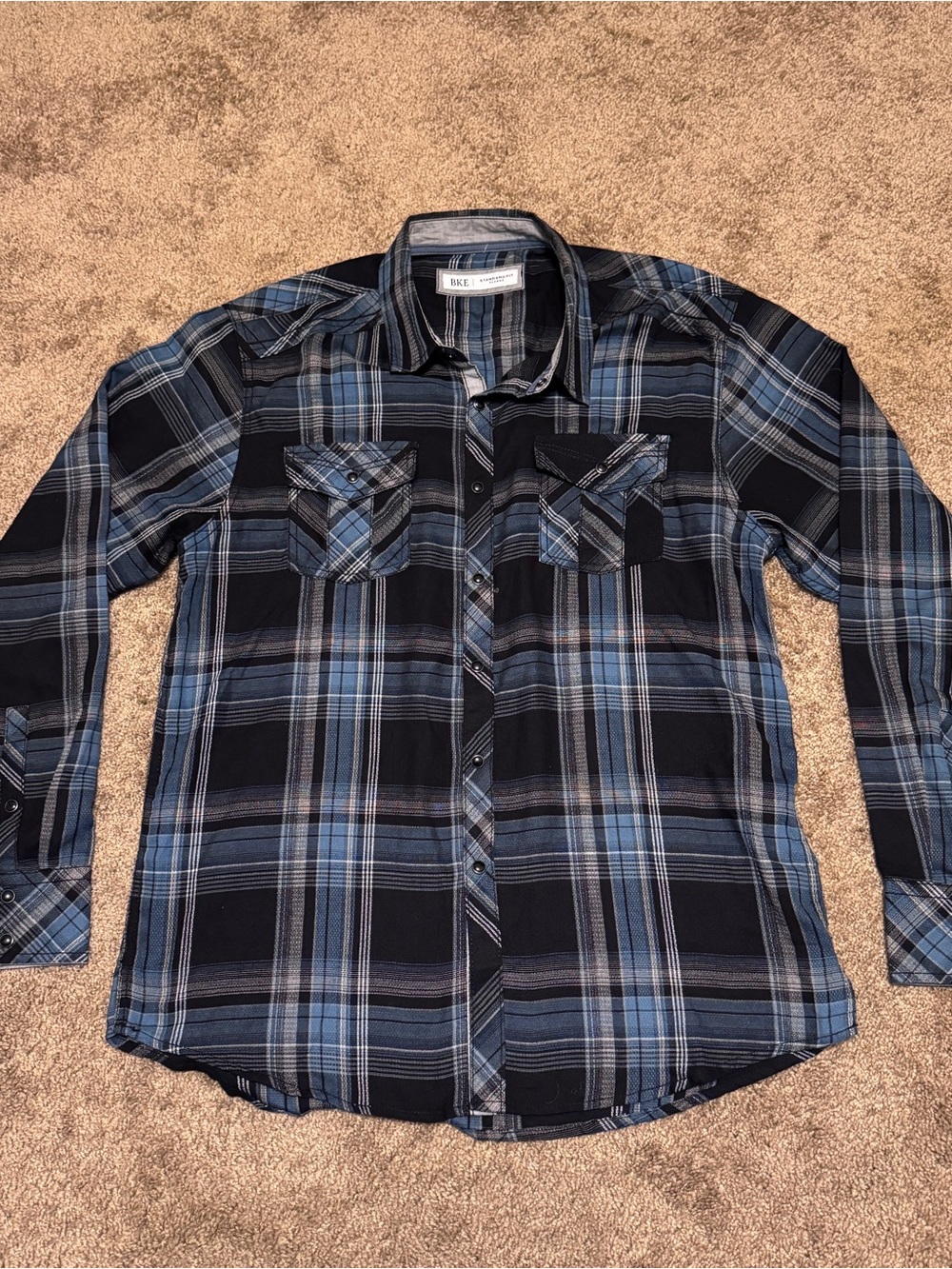 BKE Flannel Shirt Mens XL Blue Plaid Long Sleeve Button Up Pearl Snap Pockets